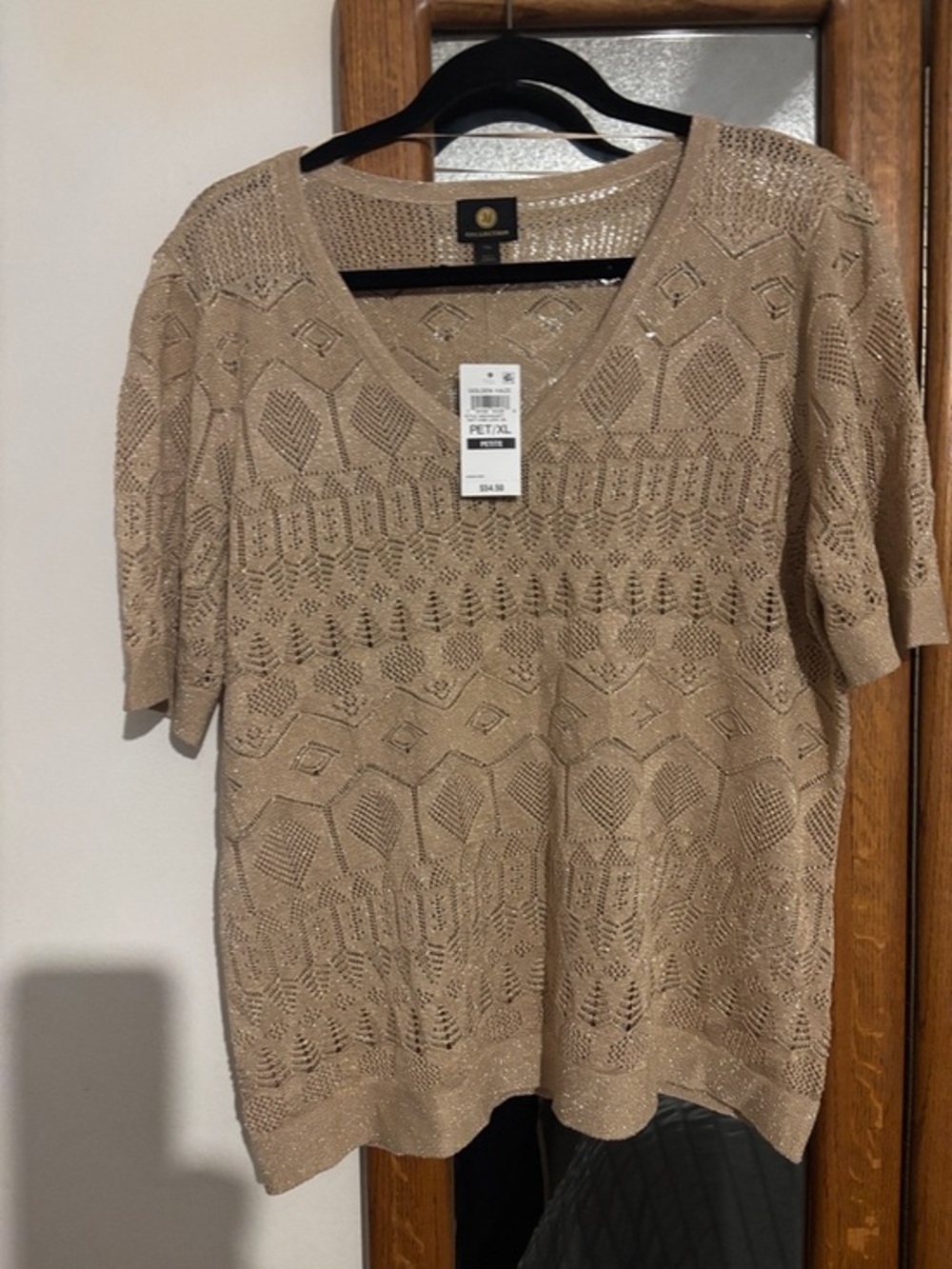 JM Collection Petite Gold Pointelle V-Neck Sweater Metallic Short Sleeve PXL NWT